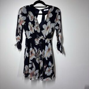 Lush Womens S Navy Cream Floral 3/4 Sleeve Dress Prairie Cottagecore Romantic
